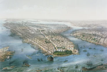 Vista Aerea di New York e Brooklyn, inciso da T.H Muller, pub. da L. Turgis, Parigi, 1855